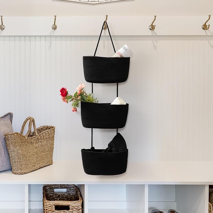 TeoKJ Over the Door Organizer, 3-Tier Woven Cotton Hanging Kitchen Baskets