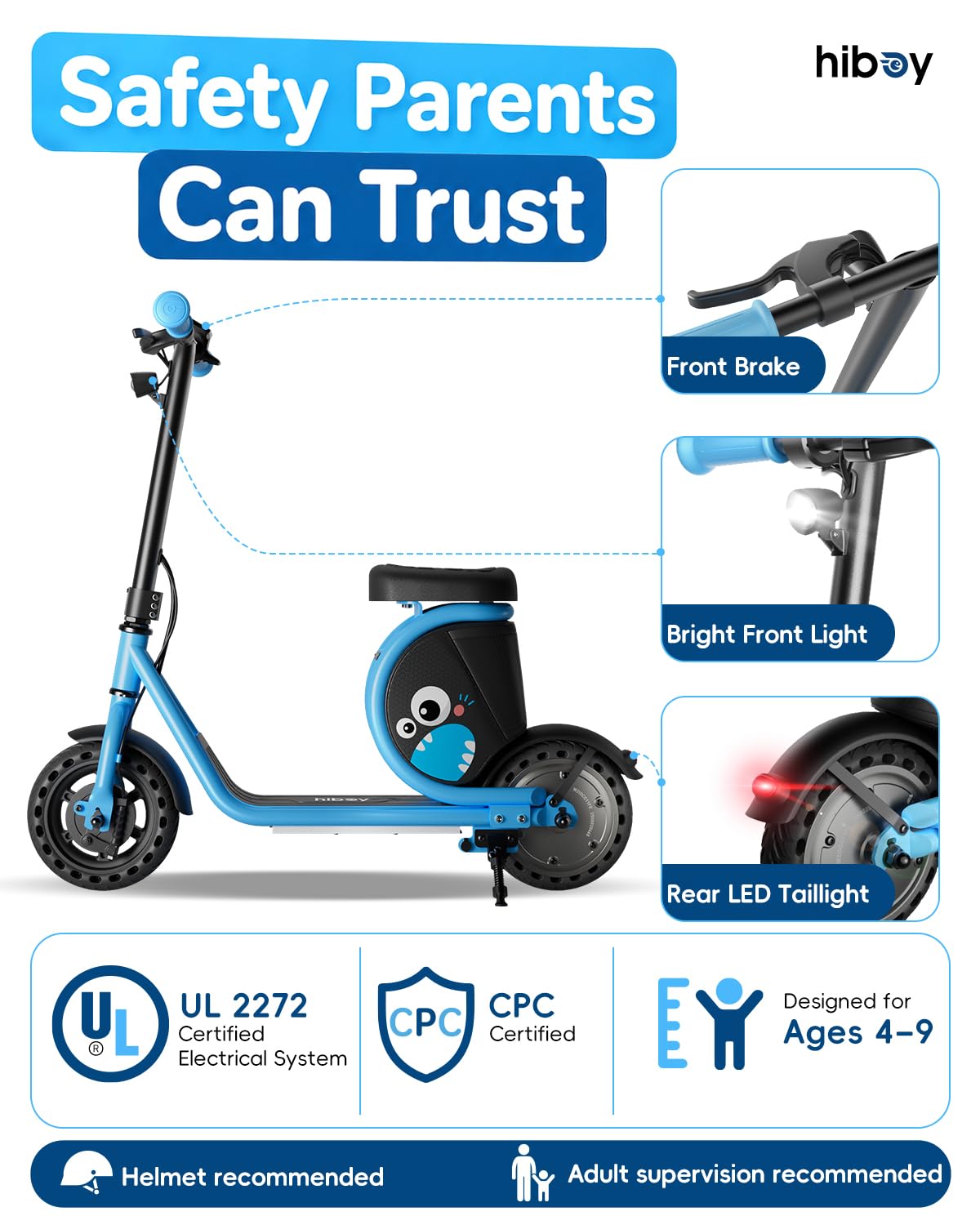 Hiboy JoyHaul Electric Scooter for Kids, Ages 4-10 – LED Neon Lights, 100W Brushless Motor, 56.16Wh Battery, Under-Seat Storage & Safety Brake, Blue