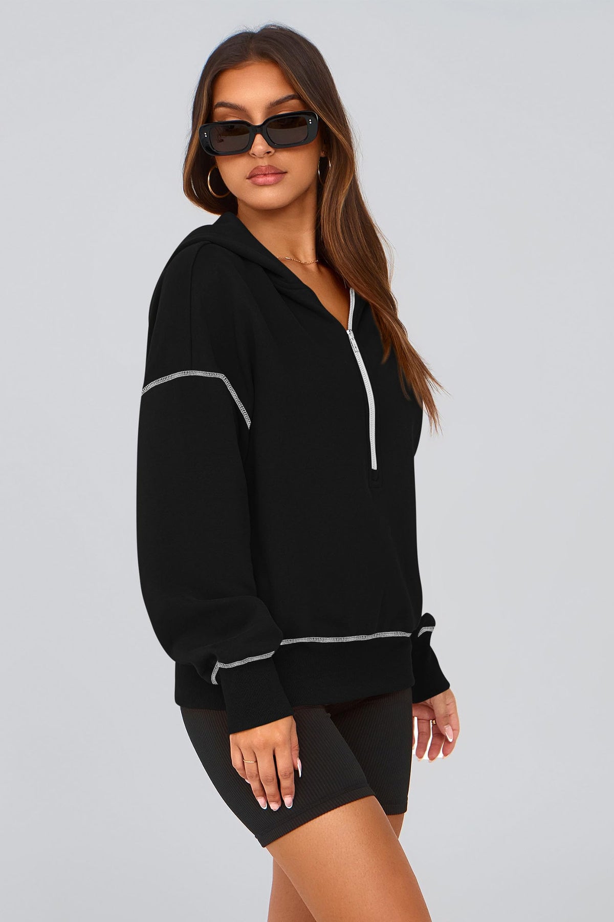 PRETTYGARDEN Women's Hooded Sweatshirts Long Sleeve Half Zip Cropped Hoodie Pullover Winter Fashion Clothes (Black,Large)