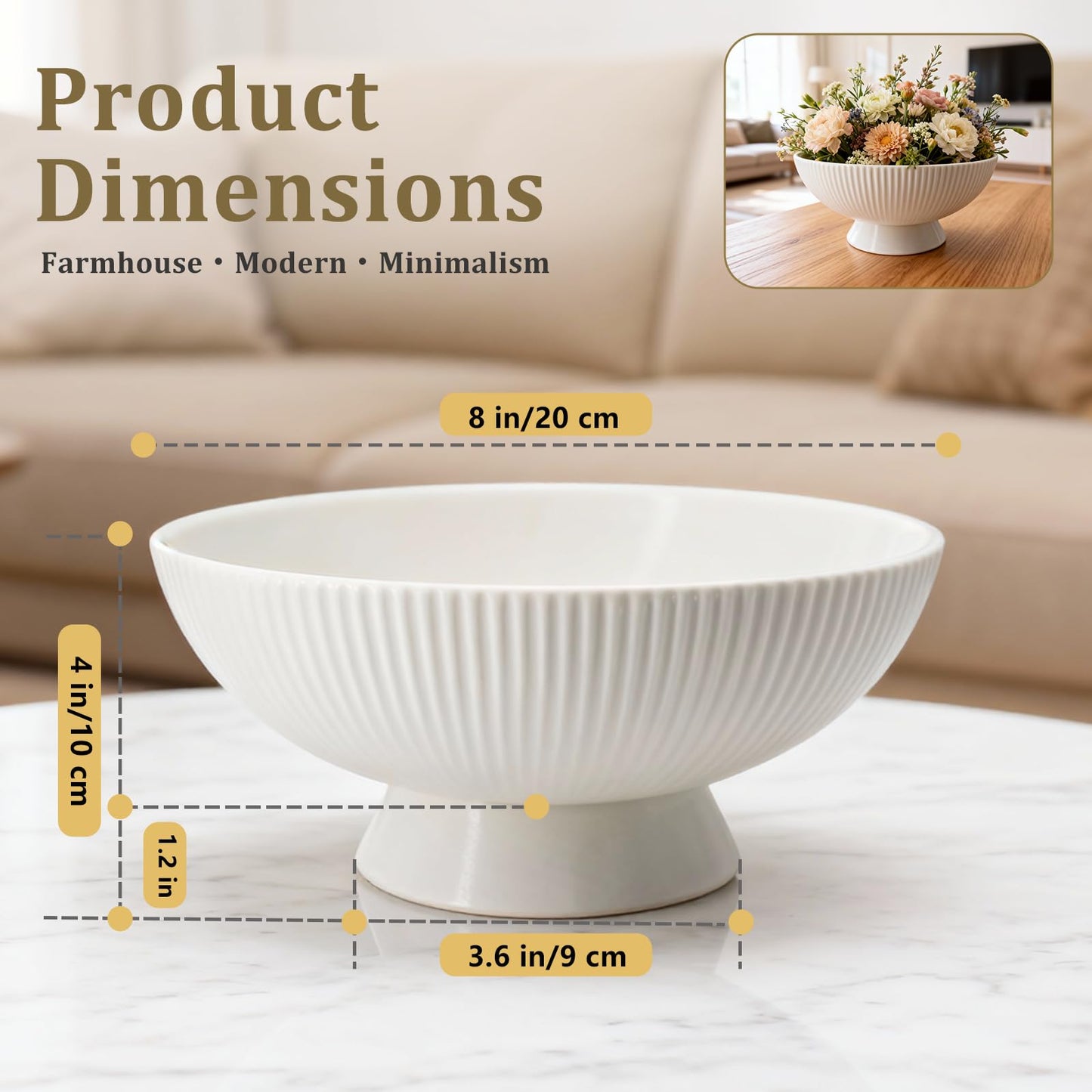 Gutedeal Small Decorative Bowl 8 Inch Multi-Use White Ceramic Fruit & Key Bowl for Kitchen, Entryway, Centerpiece Modern Handcrafted Home Decor Pedestal Bowl & Wedding Gift