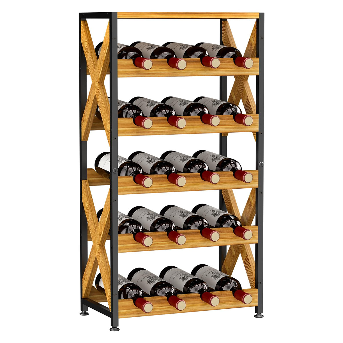 LUMAMU 20 Bottle Wine Rack Freestanding Floor with Wood Top,Wobble-Free 5 Tier Wine Display Storage Stand Shelf,Stackable Modular Wine Bottle Holder Rack for Kitchen,Cellar,Living Room