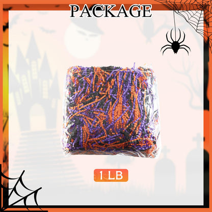 Gloreyan 1LB Halloween Crinkle Cut Paper Shred, Black Orange Purple Raffia Paper Sherd Filler Grass for Gift Wrapping Basket Filling Birthdays Weddings Party Supply