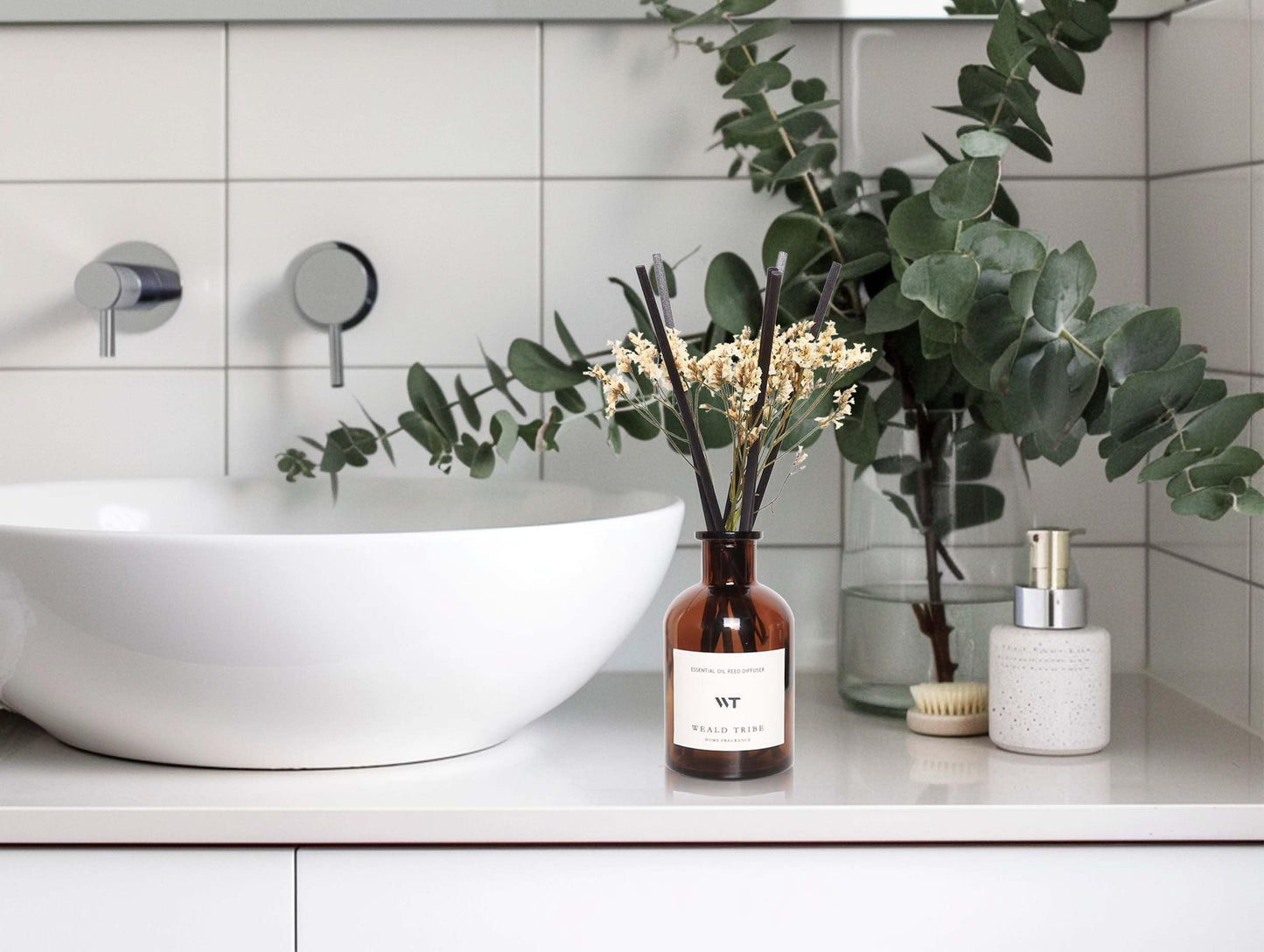 WEALD TRIBE Flower Reed Diffuser Set Vanilla Cinnamon Scent for Bathroom Air Fresheners | 4.0 fl oz Essential Oils with Sticks Home Fragrance Defusers | House Bedroom Office Shelf Decor & Gift