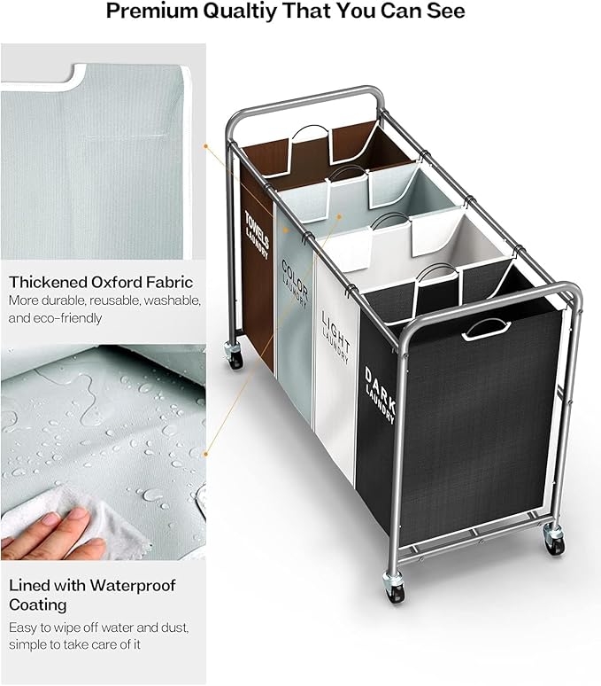 ROMOON Laundry Hamper Sorter Cart: 4-Section Organizer