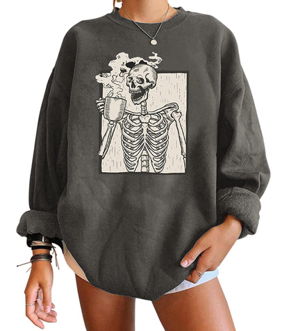 Meladyan womens Halloween Skull Graphic Print Fleece Oversized Sweatshirt Crewneck Long Sleeve Drop Shoulder Pullover, Dark Grey, X-Large