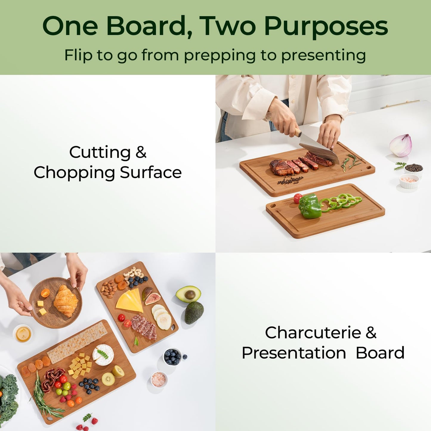 Bamboo Cutting Board, Durable Wood Cutting Boards for Kitchen with Deep Juice Grooves & Built-in Handles, Ideal Charcuterie & Chopping for Meat, Vegetables and Fruits Ideal Kitchen Gifts