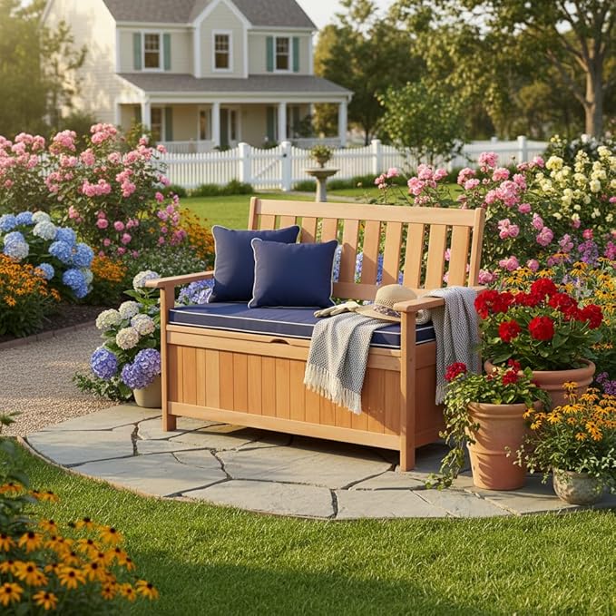 Tangkula 48 Inch Outdoor Wood Storage Bench Deck Box, Wooden Storage Loveseat with 34.2 Gal Inner Space, Entryway Bench Deck Box with Slatted Backrest, Storage Seat for Garden, Lawn, Balcony & Porch