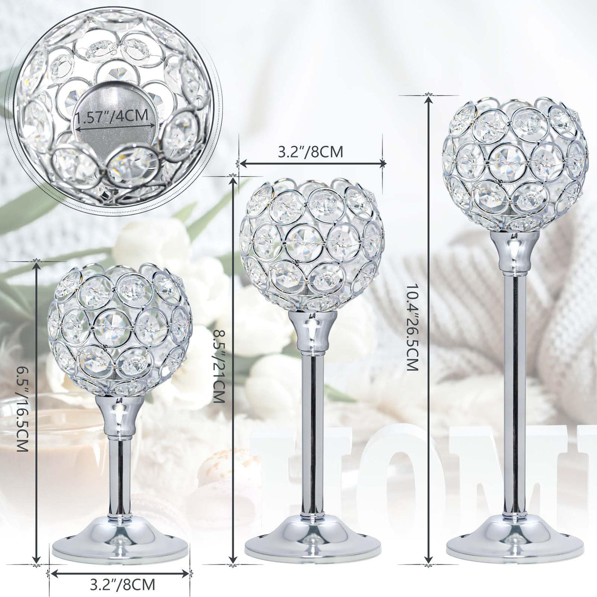 Kehail Set of 3 Silver Crystal Metal Tealight Candlestick, Bling Bowl Candelabras, Tall Votive Candle Holders Elegant Candle Centerpiece for Dining Table Wedding Decor