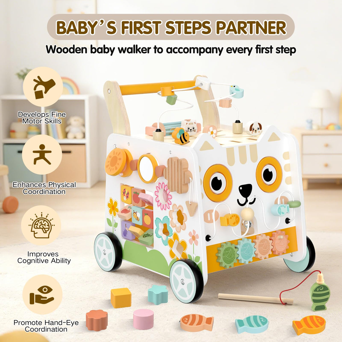 Weilim Wooden Baby Push Walker with Activity Center, Montessori Toy 12M+
