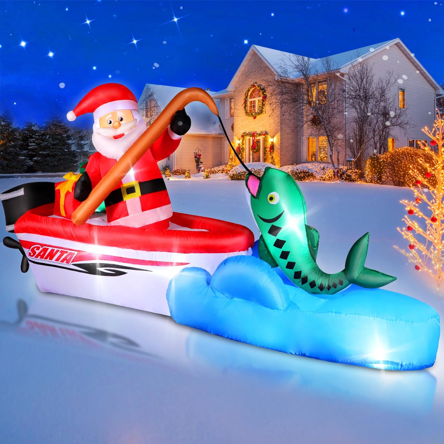 FunFanso 11FT Christmas Inflatable Santa Claus Fishing on The Boat, Blow up Outdoor Decorations with Built-in Bright LED Lights, Vibrant Xmas Festival Decor for Lawn Yard Garden Holiday Party Porch