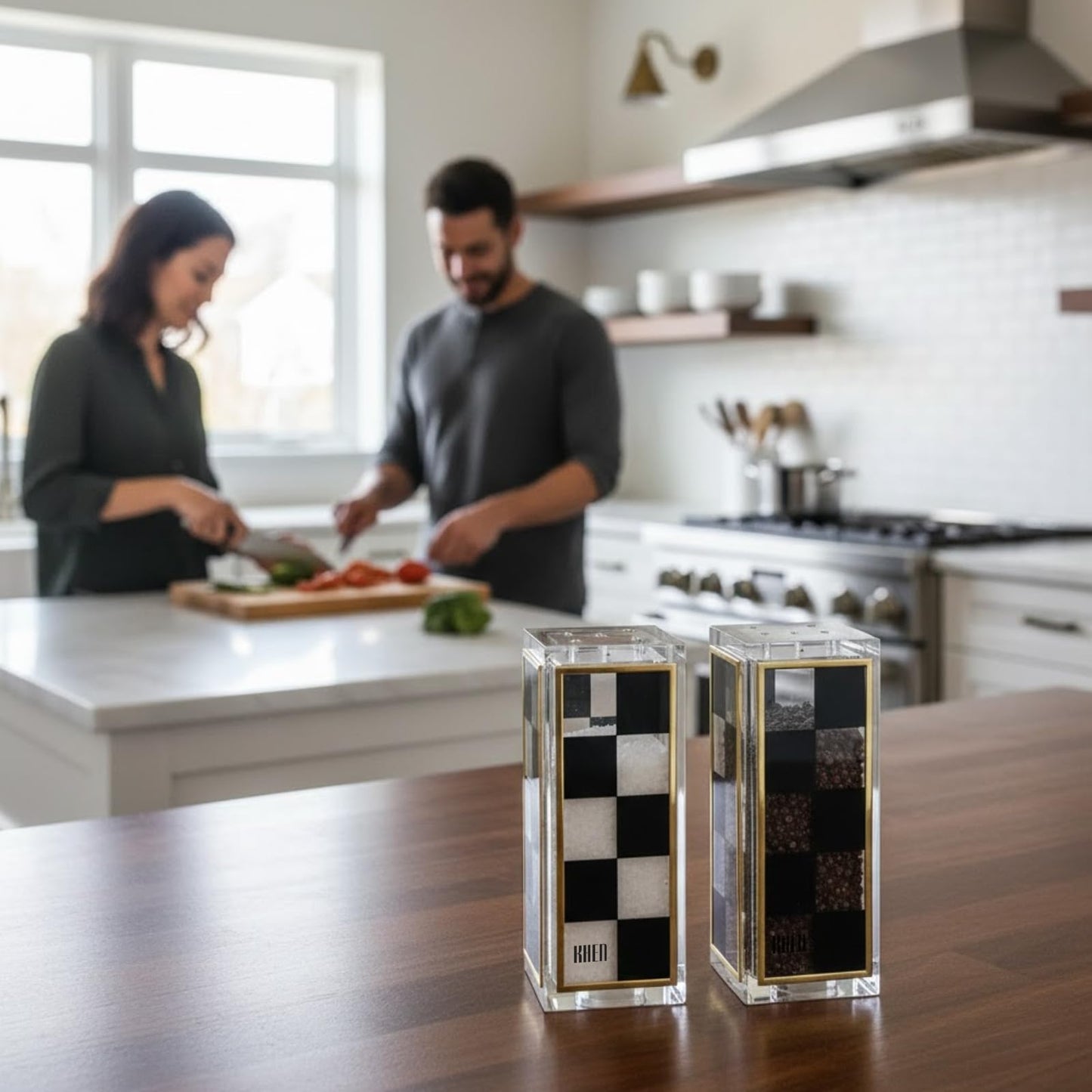 Black and White Checkered Salt and Pepper Shakers Set - Luxurious Lucite Acrylic Square Design - Modern 2.4" x 3.5" Refillable Dispensers - Elegant Kitchen Decor, Dining Table Unique Housewarming Gift