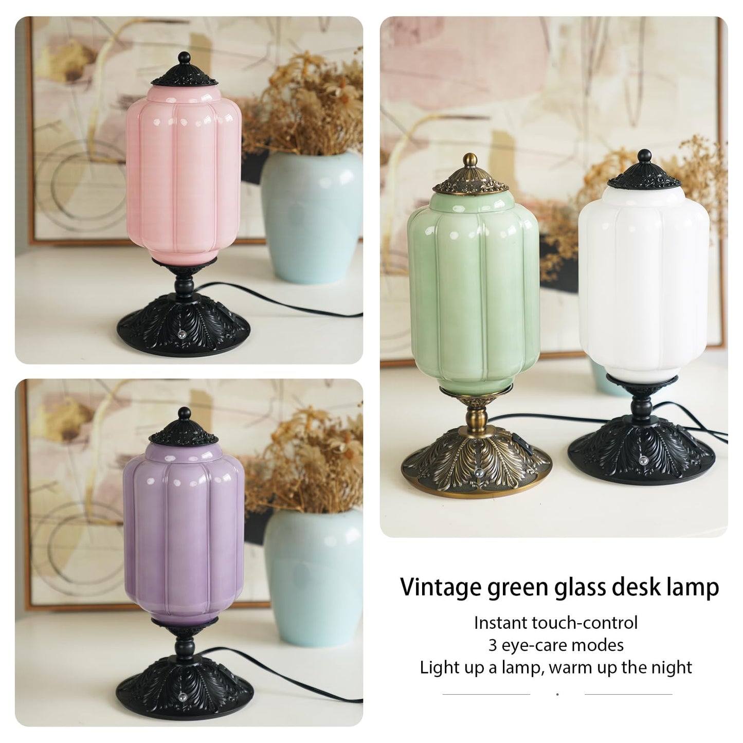 Milk Glass Touch Table Lamp, Elegant Green Jadeite Glass Bedside Desk Lamp 3 Way Dimmable with USB C+A Charging Ports - Bedroom Nightstand & Living Room Essential, 4W Bulb Included (Green, 6.5)