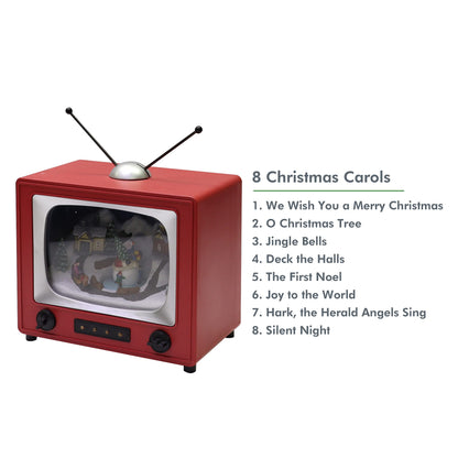 MOMENTS IN TIME Red Retro TV with Snowy Village Home Scene (Animated Snowman) with LED Lights 6" H, 8 Classic Carols Christmas Music Battery Operated Hand-Painted Resin Polyresin Injection Plastic