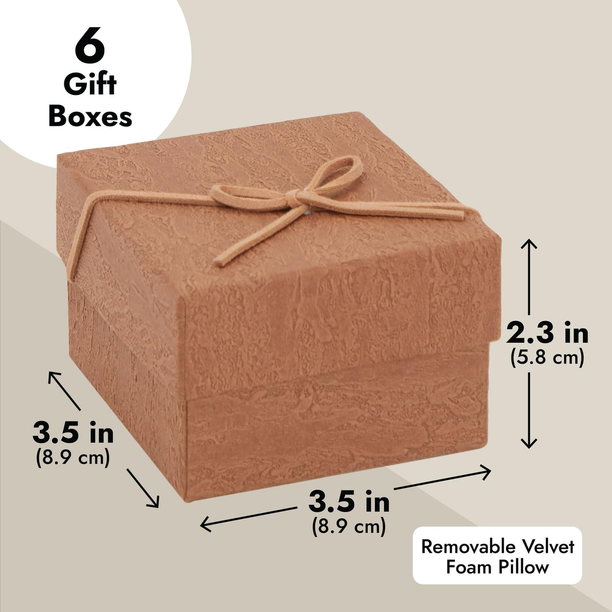 Juvale Bracelet Gift Box 6-Pack - 3.5 x 3.5 x 2.3 in, Brown Country-Rustic Cardboard - Velvet Pillow & Faux Leather Bow Lid - Tiny Jewelry Gift Boxes & Watch Packaging