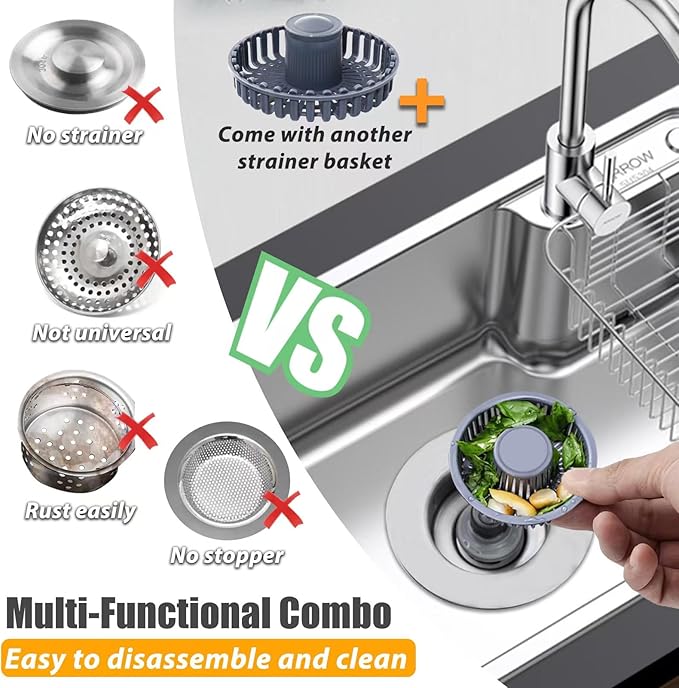 Kitchen Sink Drain Strainer, 3 in 1 Pop Up Kitchen Sink Stopper,