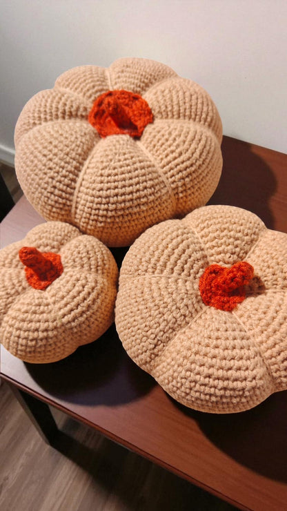 Halloween Decorative Crochet Handmade Pumpkins Set of 3 Tabletop or Shelf Decor, Spooky Fall Table Accent Ivory Tiered Fall Decoration