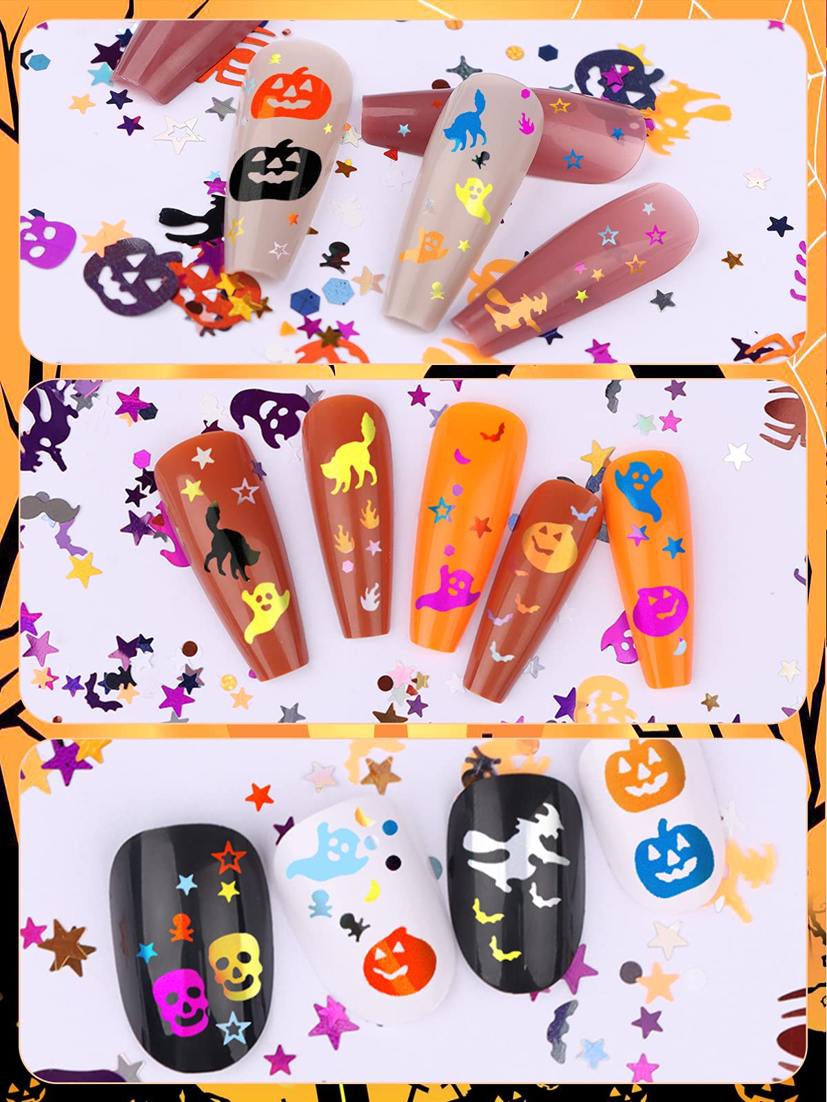 EBANKU 3 Boxes Halloween Nail Art Glitter Sequins, 3D Holographic Skull Spider Pumpkin Bat Ghost Witch Halloween Confetti Glitter for DIY Nail Art Halloween Party, Multicolor