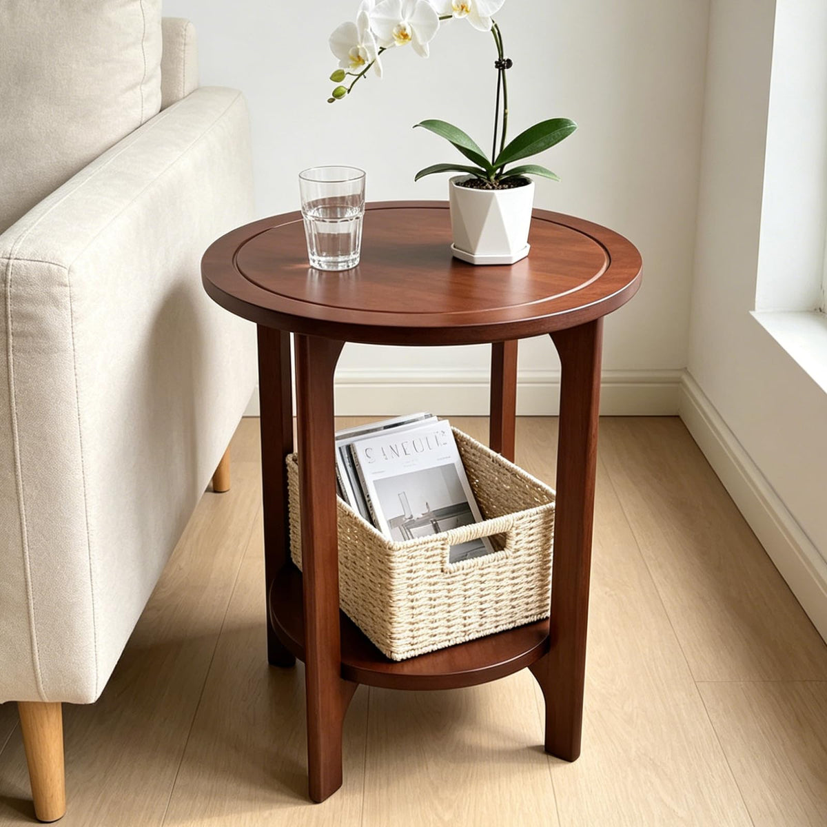 Small Round Side Table, 2-Tier Solid Wood End Table, Mid Century Modern Nightstand for Living Room, Bedroom, Easy Assembly (Walnut)