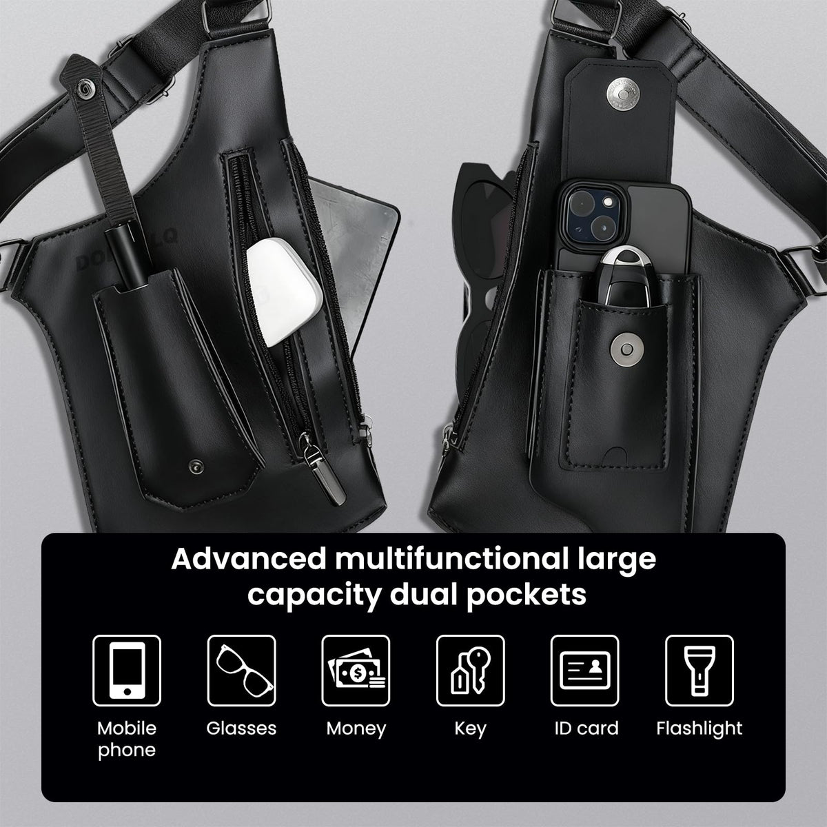 DOEUTLQ Leather Double Shoulder Armpit Bag for Men Underarm Concealed Rover The Holste Vest for Mens Adjustable Leather Bag (Black)