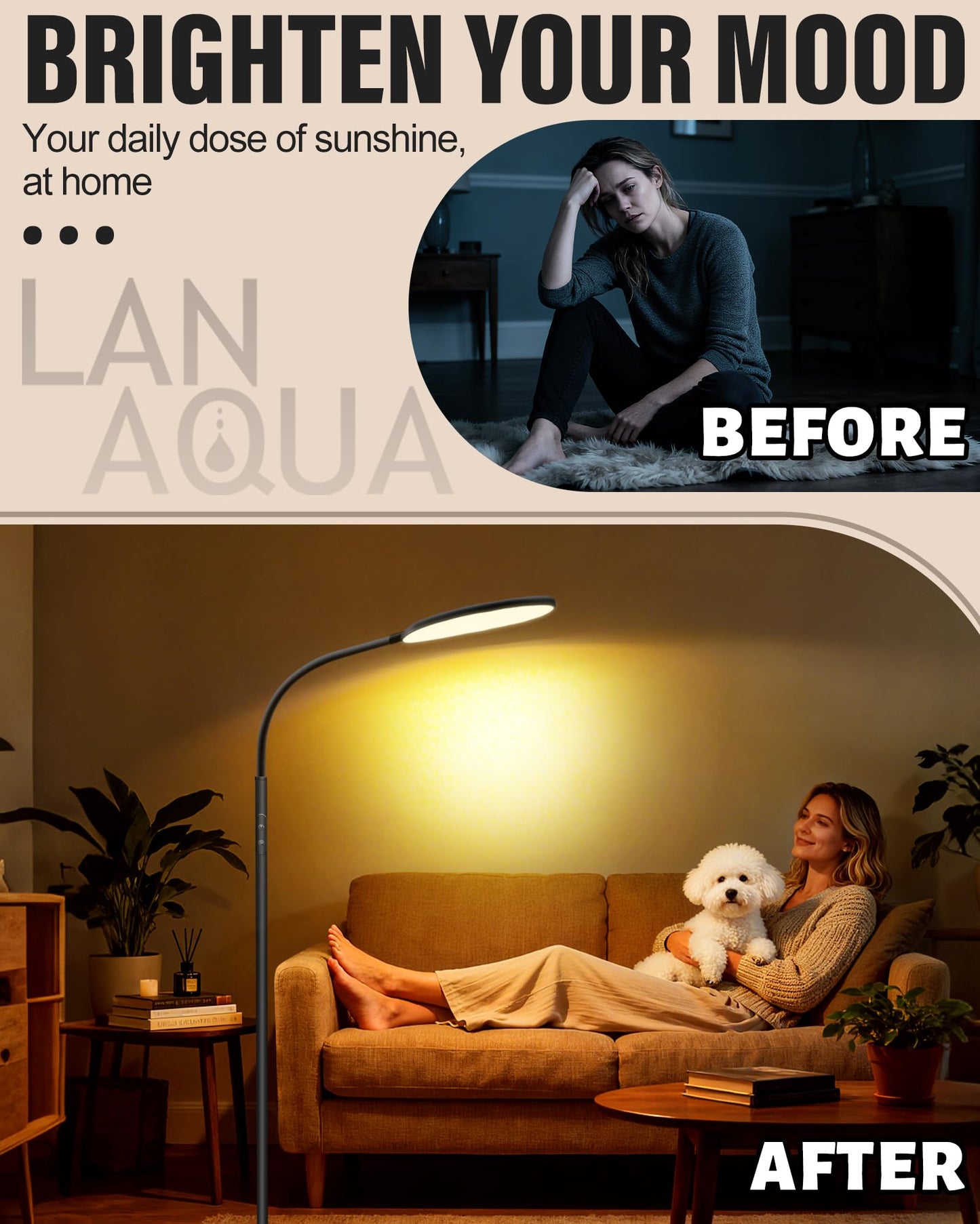 LanAqua Light Therapy Lamp, 11000 Lux UV-Free Happy Therapy Lamp with Touch & Remote Control, Full Spectrum Sunlight Lamp with 10 Brightness & 3 Color Temperatures, Light Therapy Floor Lamp with Timer
