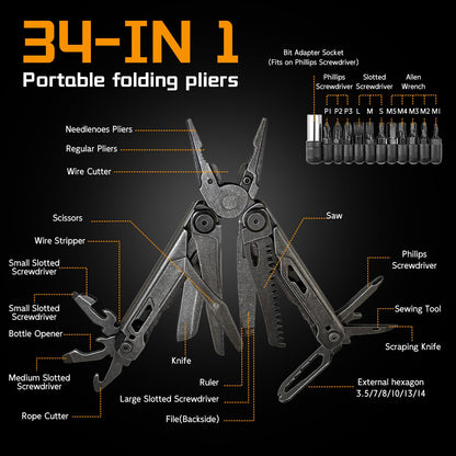 34-in-1 Multitool Pliers with Scissors,Bottle Opener, Allen Wrench,Rope Cutters,File, Saw, Screwdrivers,Stainless Steel Multi Tool with Carrying Pouch Ideal for Camping Survival & Gift for Dad Him Men
