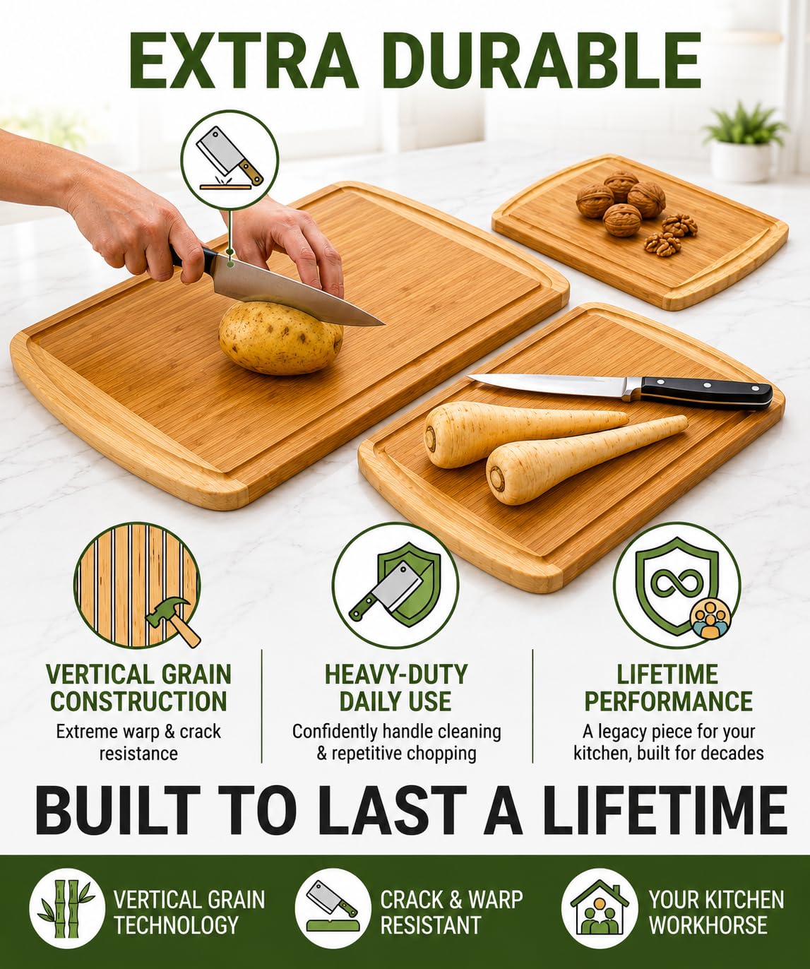 Greener Chef Luxury XL Bamboo Cutting Board Set of 3 with Vertical Grain Strength Technology - Extra Large Wood Cutting Boards for Kitchen and Lightweight Chopping Board Set - Replacements for Life