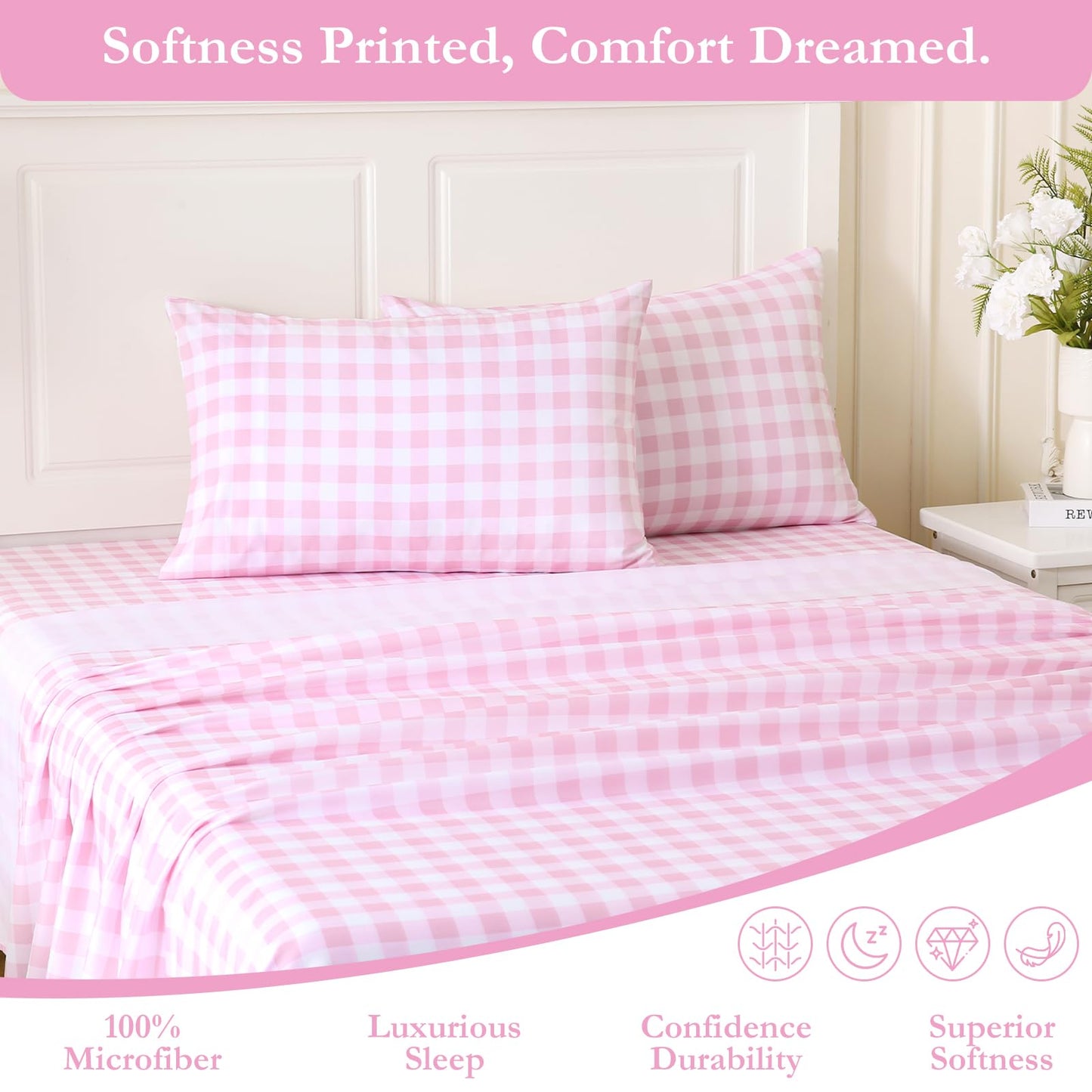 MICORAL Queen Sheet Set Pink Gingham Plaid, 4-Piece Brushed Microfiber Cute Grid Bed Sheets, 16" Deep Pocket, Ultra Soft & Cooling Sheet, Oeko-TEX Certified, Light Pink