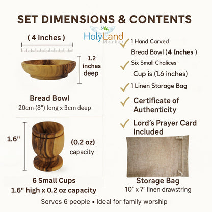 Holy Land Market Olive Wood Communion Cups & Plate Set KIddush - Communion Set Hand-Carved in Bethlehem – for Church Worship, Pastors & Ministries (Round Bowl + 6 Small Goblets)