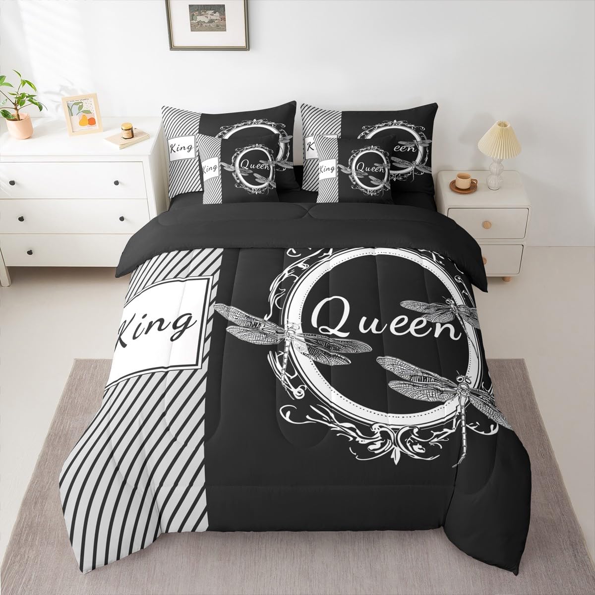 Dragonfly Bed in a Bag Queen Comforter Set 7 Piece,King and Queen Bedding Sets Couples Gifts for Men Women Black and White Comforter and Sheet Set, Aesthetic Animal Bed Sets,Valentines Day Decorations