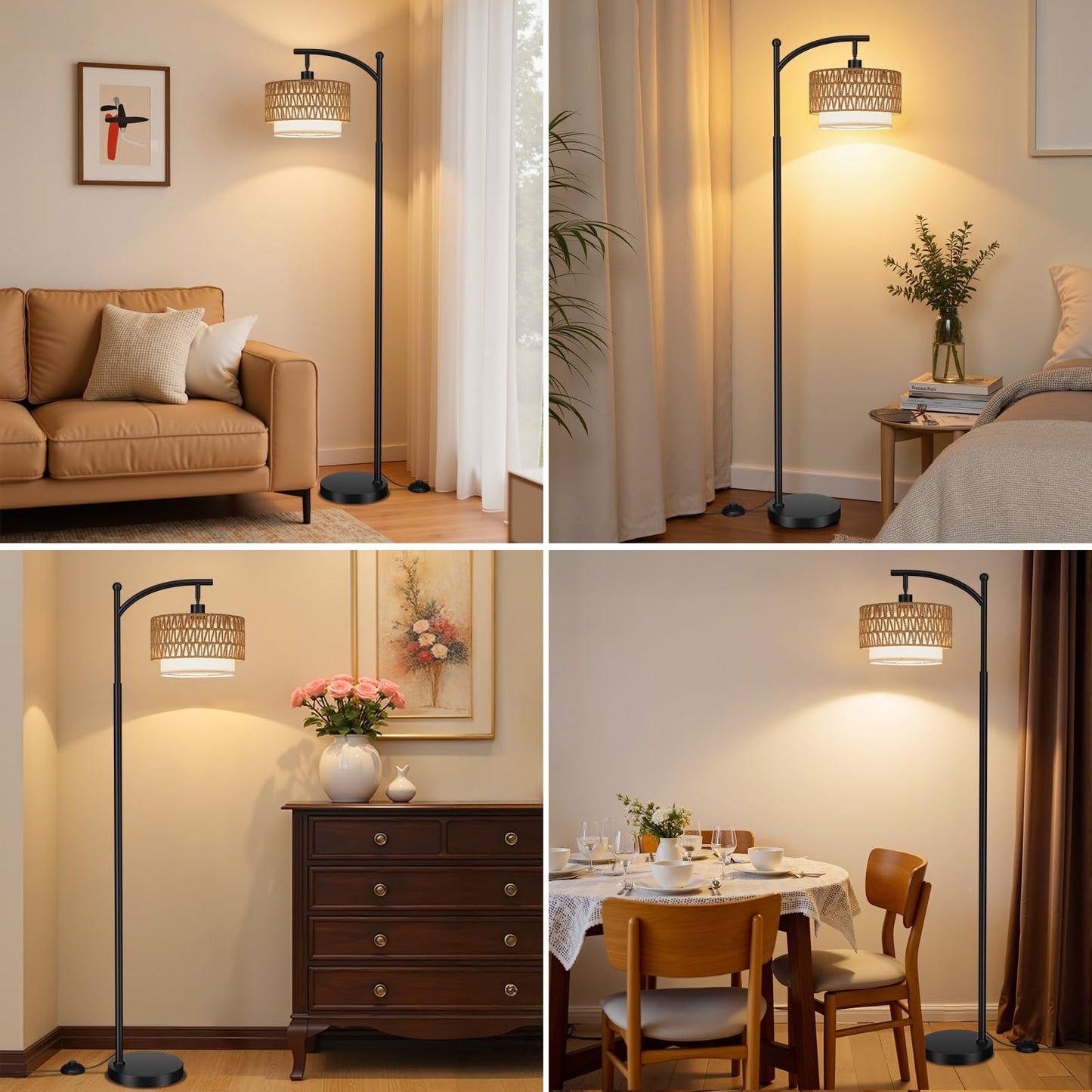 Ambimall Arc Floor Lamp for Living Room with Remote, Color Temperature & Brightness Adjustable, Boho Standing Lamp with Rattan & Fabric Double Drum Shades, Bulb Included(Black)