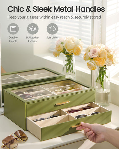 Lolalet 12 Slots Women’s Sunglasses Organizer with Enlarged Compartment, 2-Layer Eyewear Storage Box, Glasses Case Display Holder with Clear Lid for Eyeglass Collection, Mothers Day Gifts -SageGreen