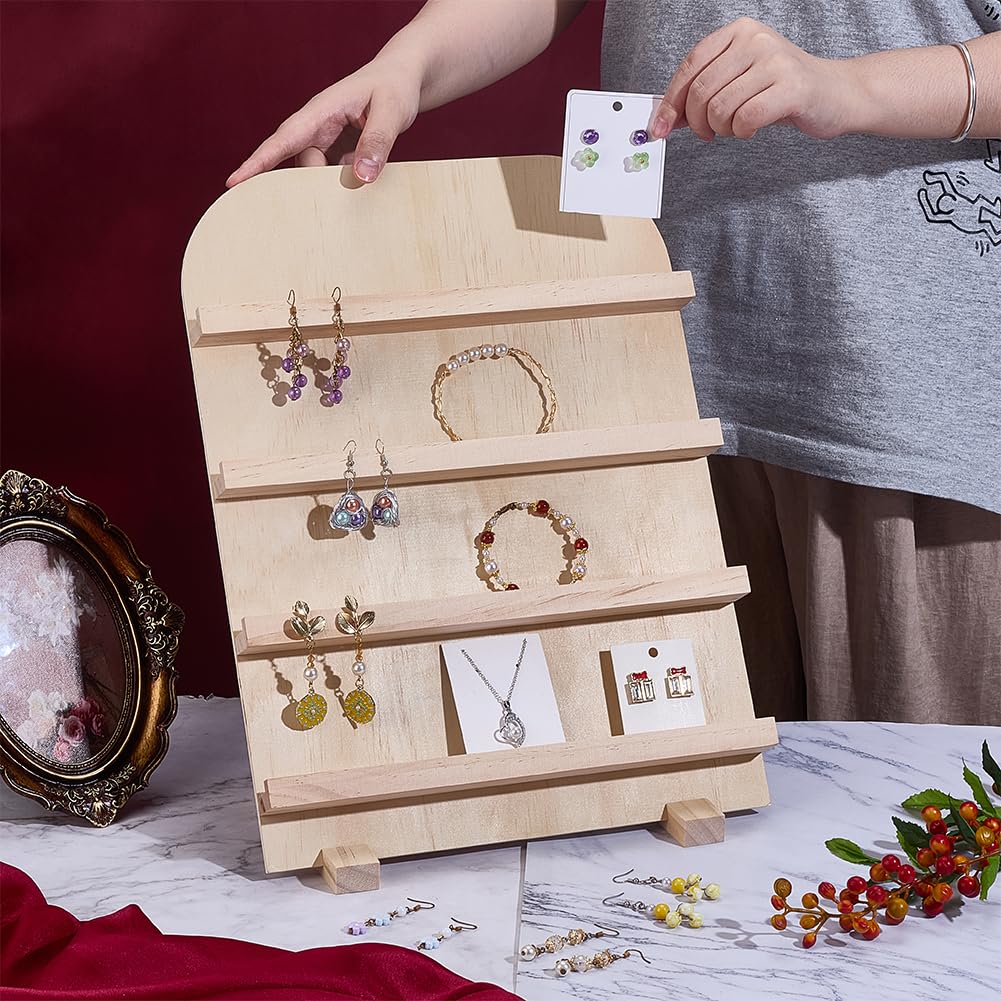 PH PandaHall 4-Tier Wooden Jewelry Display Stand Earring Card Displays Tower Bracelets Stands Rack Craft Fairs Showcase Holder with Slots for Selling Retail Jewelry Showing Exhibition Storage