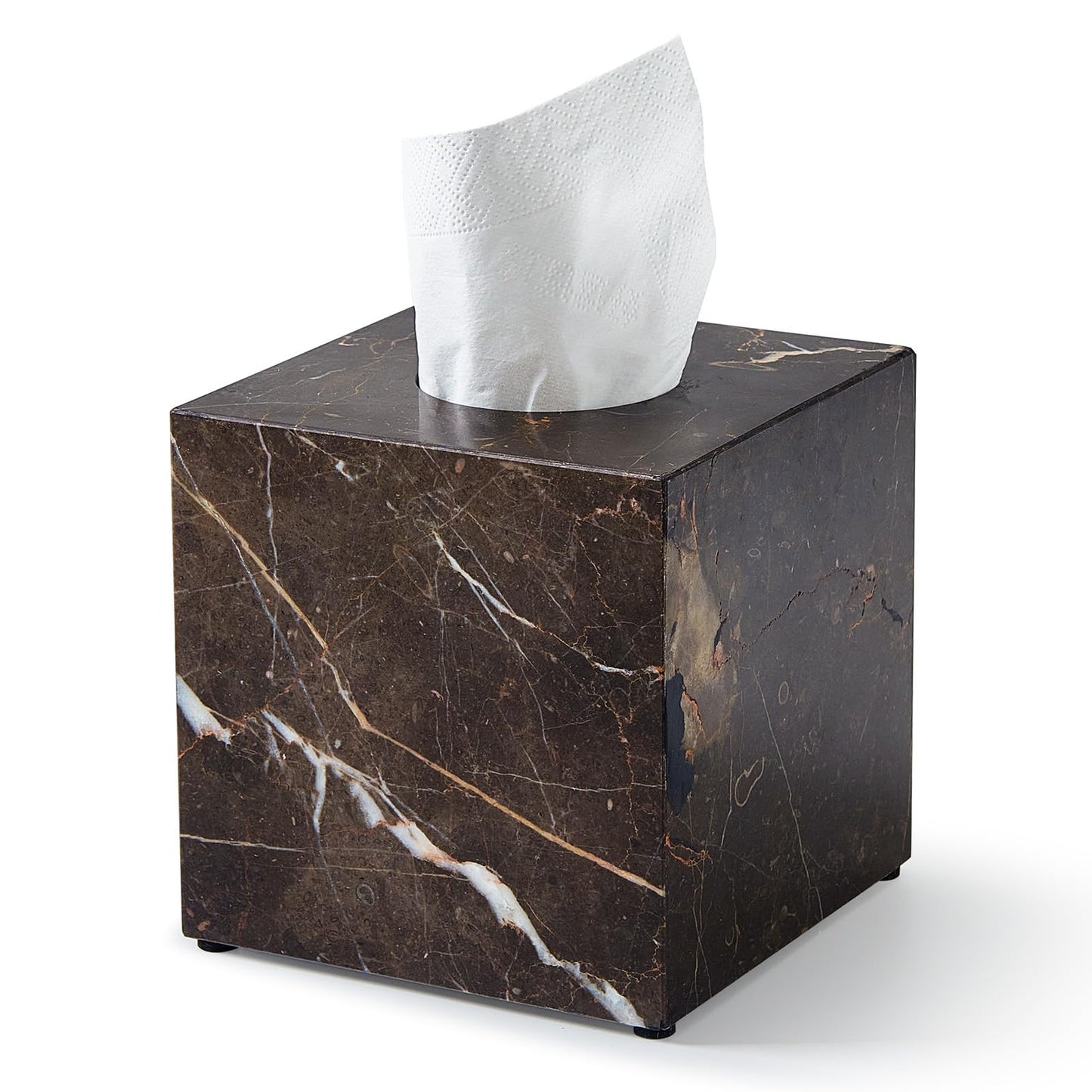 Real Natural Marble Tissue Box Cover, 5.5 Inch Square Marble Tissue Box Holder with Open Bottom, Heavy Stone Decorative Organizer for Bathroom Vanity, Kitchen Countertop, Luxury Home Décor