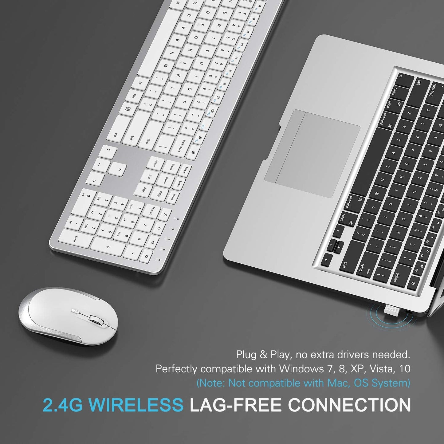 seenda Wireless Keyboard and Mouse Set, SK38 Ultra Slim Quiet USB Wireless Keyboard and Mouse Full Size QWERTY UK Layout with Numeric Keypad for Windows PC, Laptop, Computer, White and Silver