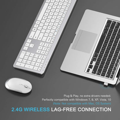 seenda Wireless Keyboard and Mouse Set, SK38 Ultra Slim Quiet USB Wireless Keyboard and Mouse Full Size QWERTY UK Layout with Numeric Keypad for Windows PC, Laptop, Computer, White and Silver