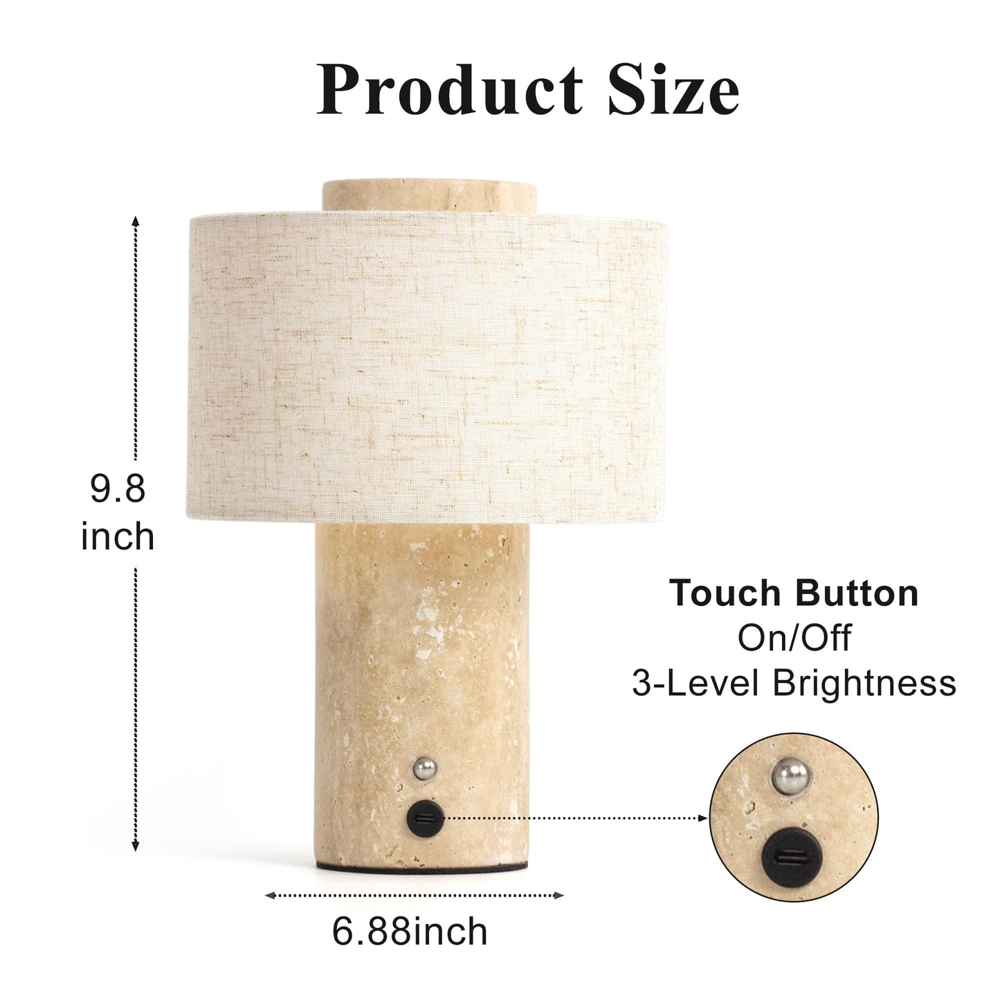 YMXYJM Marble Table Lamp, Rechargeable Cordless Bedside Lamp with Touch Control & Stepless Dimming, Linen Shade Decorative Lamp for Bedroom, Living Room, Nightstand & Bookshelf, Travertine