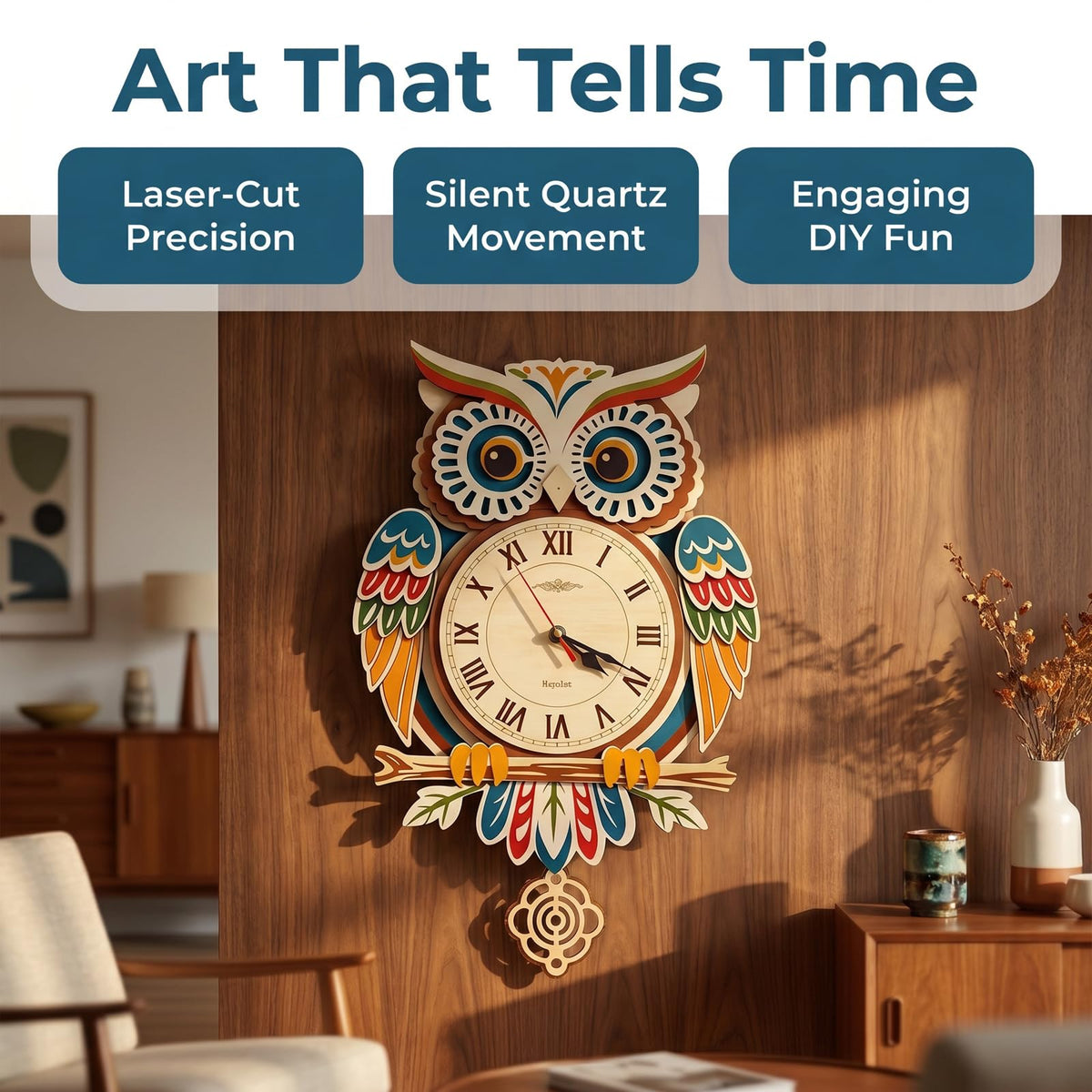 Wooden Owl Clock Puzzle—A 3D DIY Assembly kit for a Decorative wall Clock, Featuring Autumn Leaves and Bird Motifs, Perfect for Rustic Farmhouse-Style Decor in Kitchens and Living Rooms