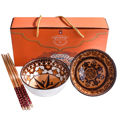 Ceramic Rice Bowl Set with Chopsticks Set of 2, Japanese Style Dining Bowls, Decorative Gift Box Package (2, LM)