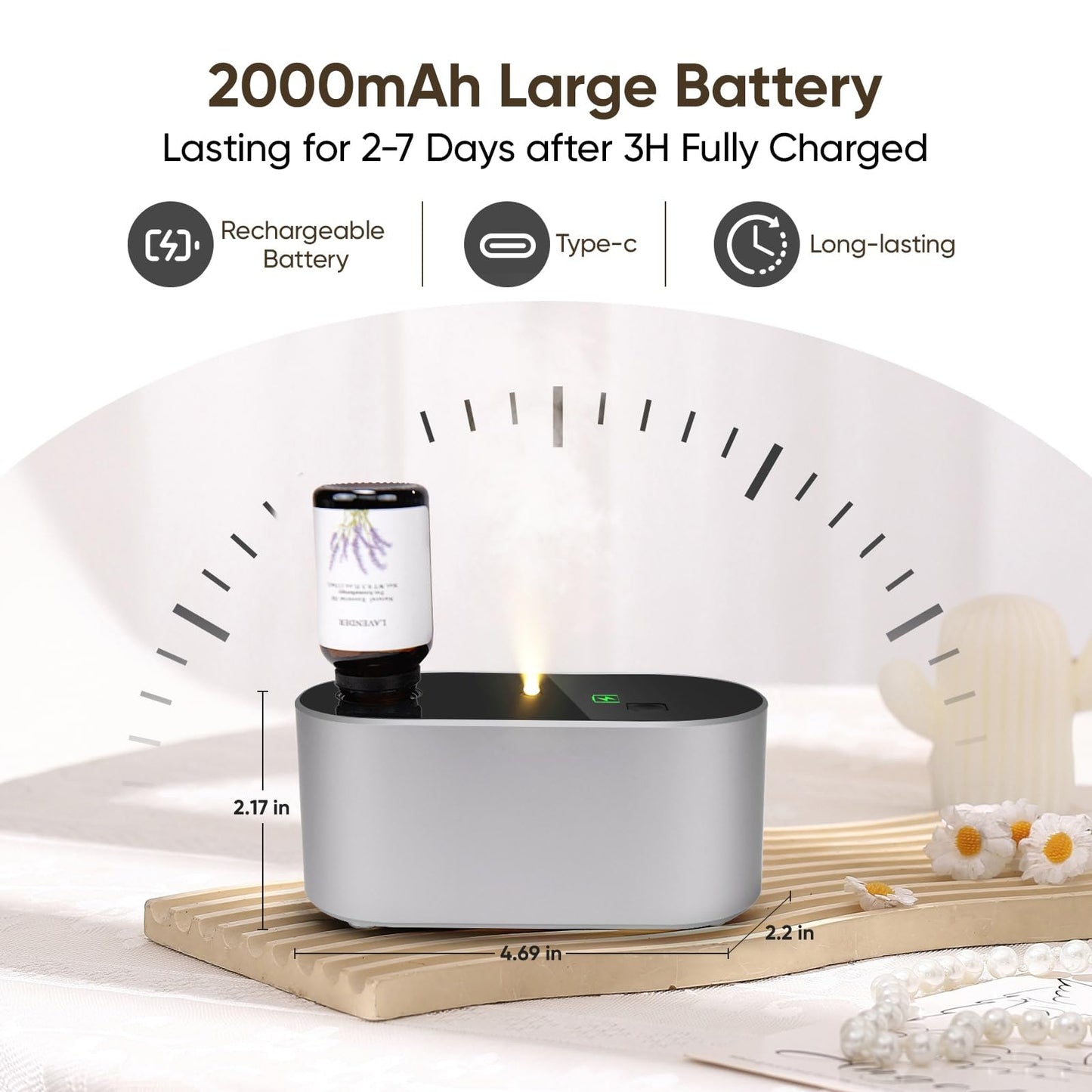 Waterless Diffuser for Essential Oil, Battery Operated Scent Air Aromatherapy Diffuser, Mini Aroma Diffusers with 3 Intermittent Mist Modes, Cycle Start, for 400 sq.ft Room Home Office Bedroom