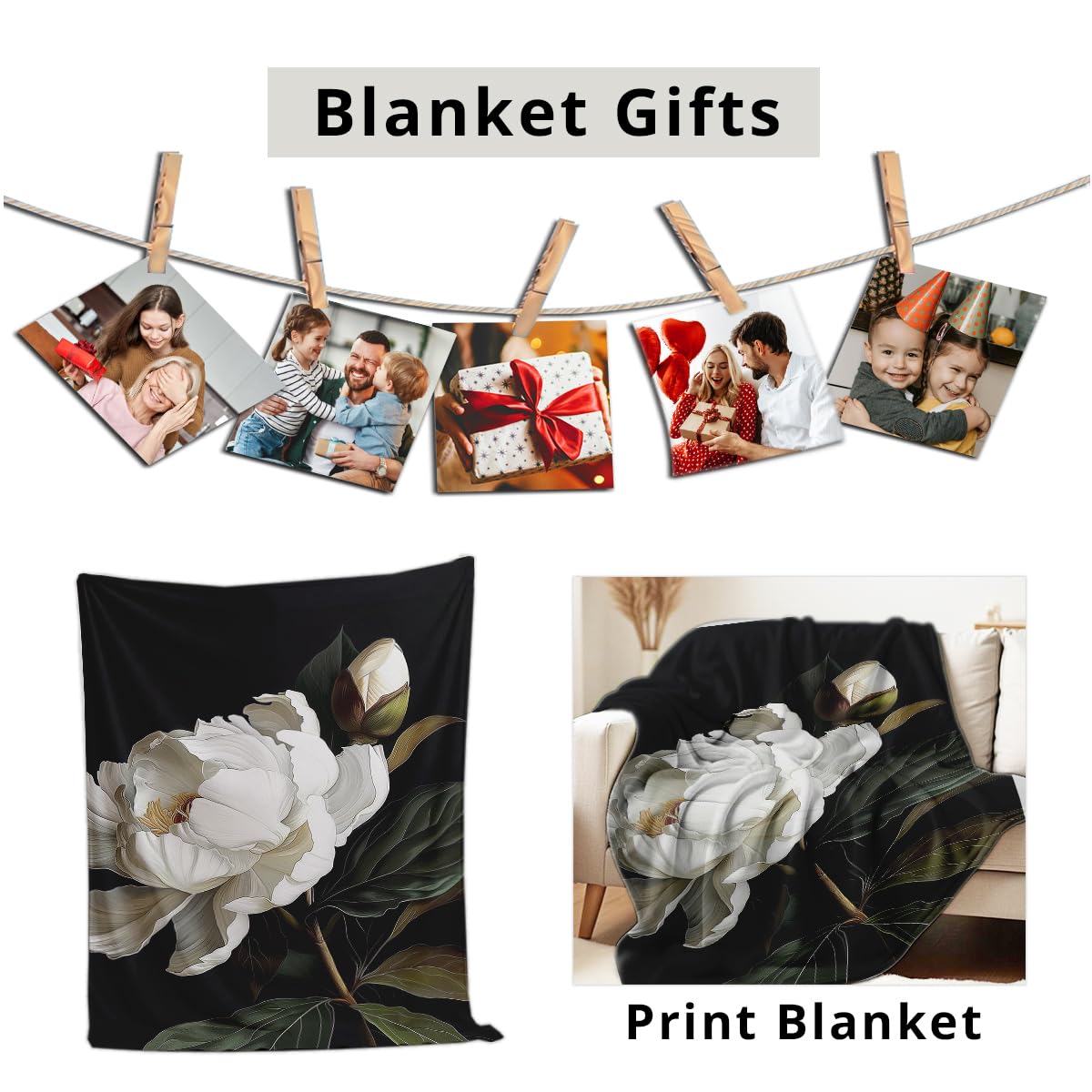 HUNXIAOJ Magnolia Print Blanket Black and White Throw Soft Magnolia Flannel Blanket Flower Bedding Decor Gifts Botanical Floral Throw for Bed Couch (59"x78")