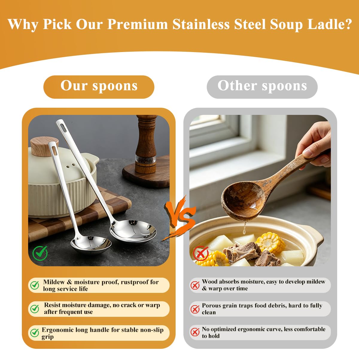 Kyraton 2 Piece Soup Ladle Set, 11.8" Large & 9.6" Small Stainless Steel Ladles, One-Piece Ergonomic Cooking Spoons, Dishwasher Safe Heavy Duty Serving Utensils for Home Kitchen Soup Sauce Noodle