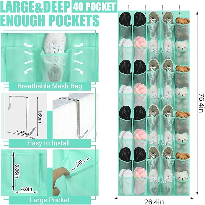 Windyun 40 over the Door Shoe Organizer Large Mesh Pocket Hanging Shoe Rack