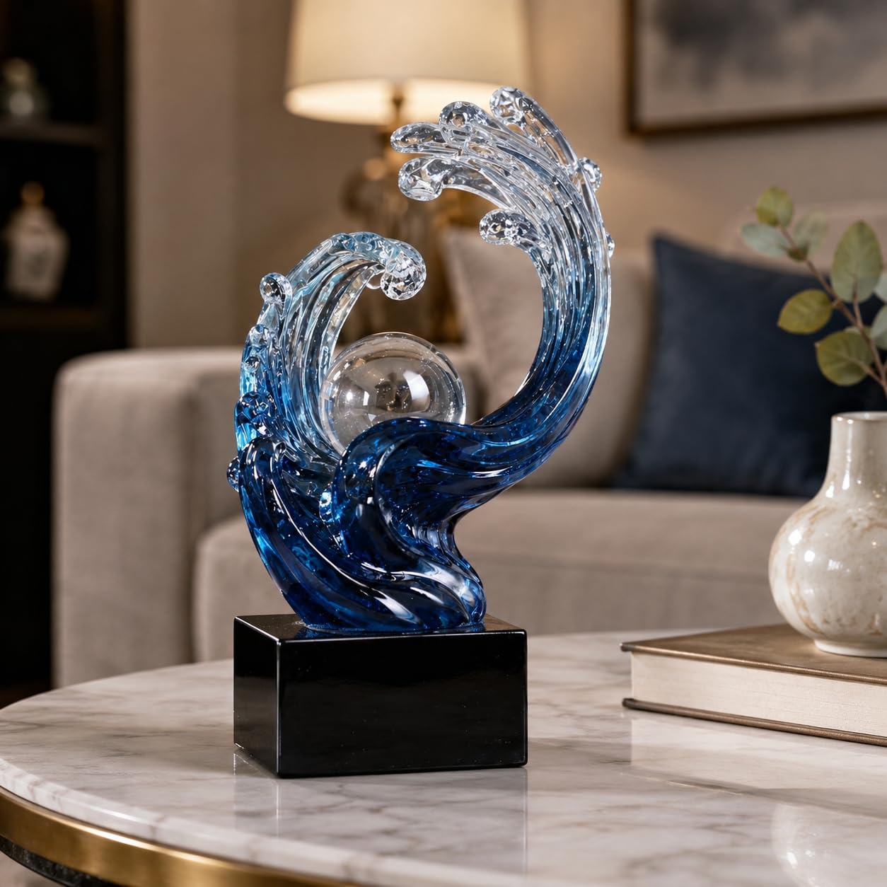 XYQXYQ Modern Abstract Decorative Wave Statue, Gold Abstract Art Home Decor,Crystal Ball Art Wave Resin Sculpture, Office Desk Stand, Dining Table Center Decorative Aesthetics (Blue)