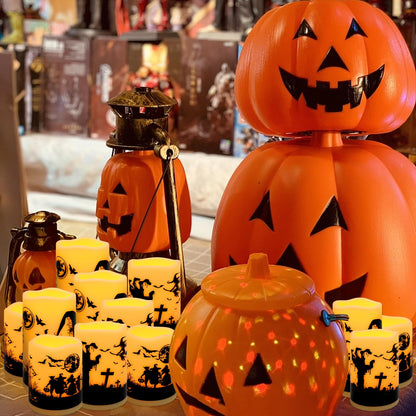 CAKETYCG 12-Pack Halloween Ink Painting Large Electronic Waxes with Remote Control, Flameless LED Candles for Halloween Spooky, Halloween Ambient Sense Artifacts.
