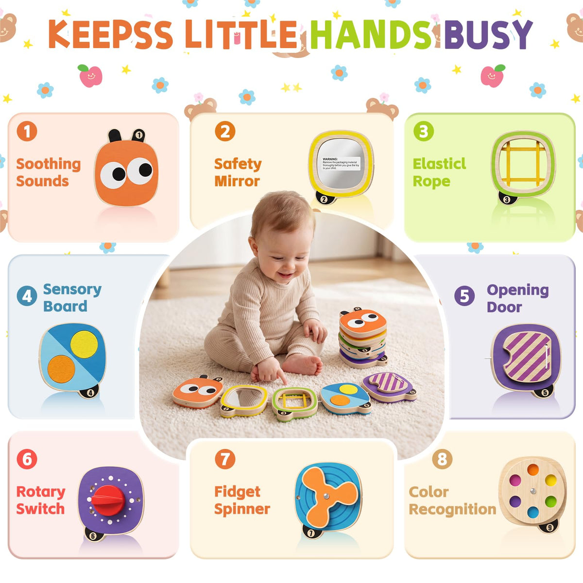 Montessori Busy Board for Toddlers 1-4 Year Old, Wooden Sensory Fidget Activity Board for Baby Boys Girls 1+ Year Old, Preschool Travel Toys for Airplane/ Car, Educational Learning Gift ADHD/ Autistic
