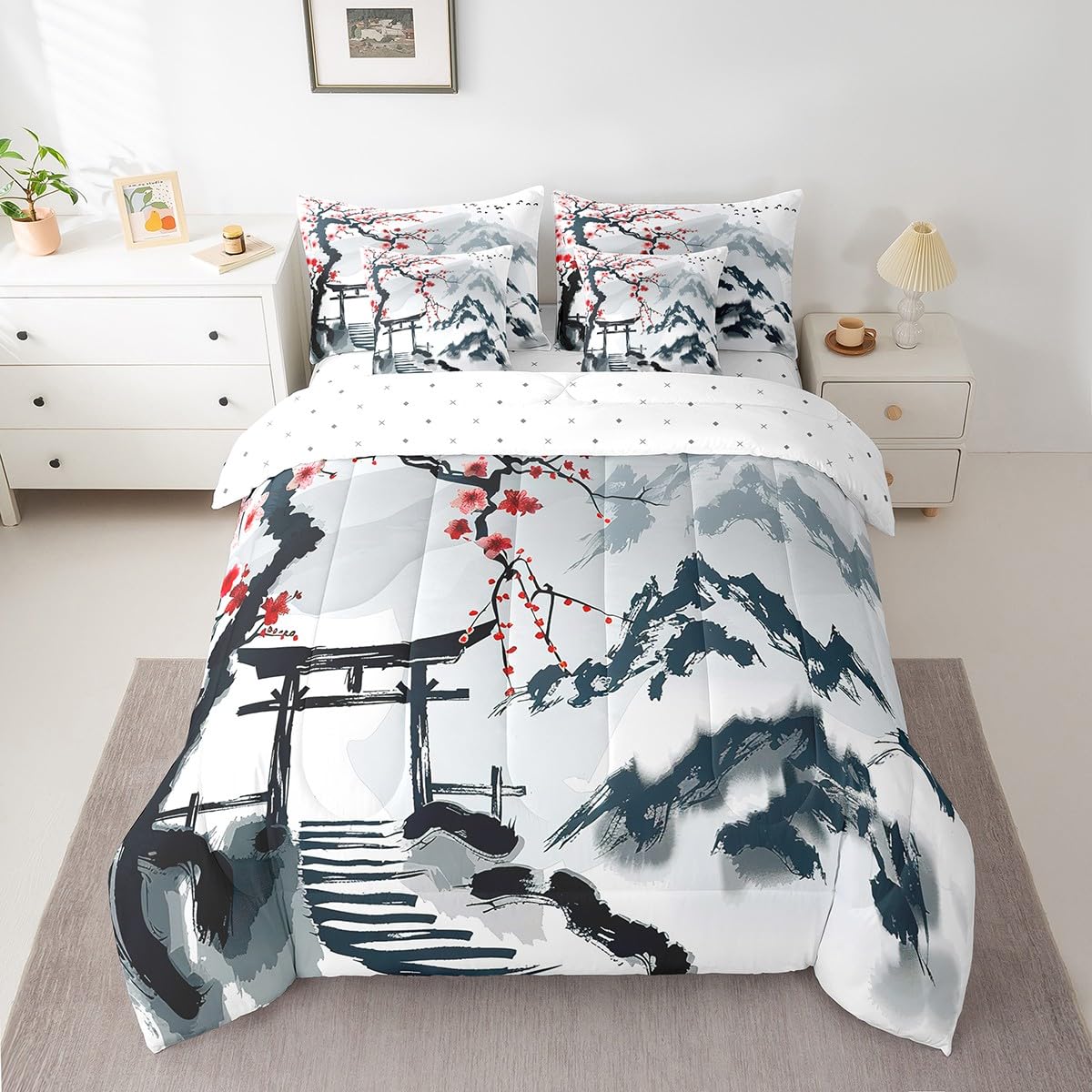 Erosebridal 7 Piece Red Cherry Blossoms Bed in a Bag Full,Chinese Ink Painting Style Sheet Set Romantic Themed Bedding with Comforter Winter Theme Floral Print Cushion Covers Botanical Flowers Bed Set