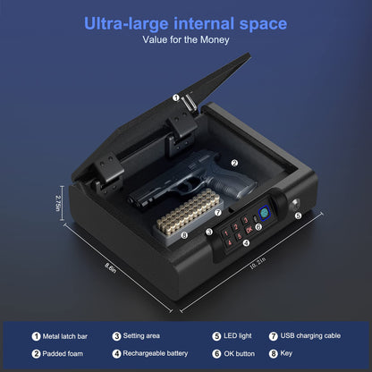 Biometric Gun Safe for Pistols 3-Ways unlock Fingerprint Digital PIN Key Unlock Handgun Safe with Sound, Lock box for Cloakroom living room Bedroom Nightstand and Car BILLCONCH