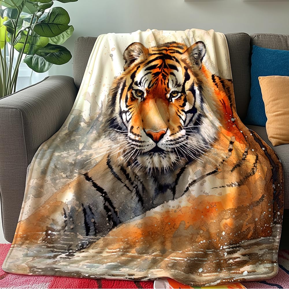 HUNXIAOJ Tiger Throw Blanket Tiger Gift for Kid Animal Print Blankets Queen Size Soft Warm Flannel for Sofa Bed (50 in x 60 in)