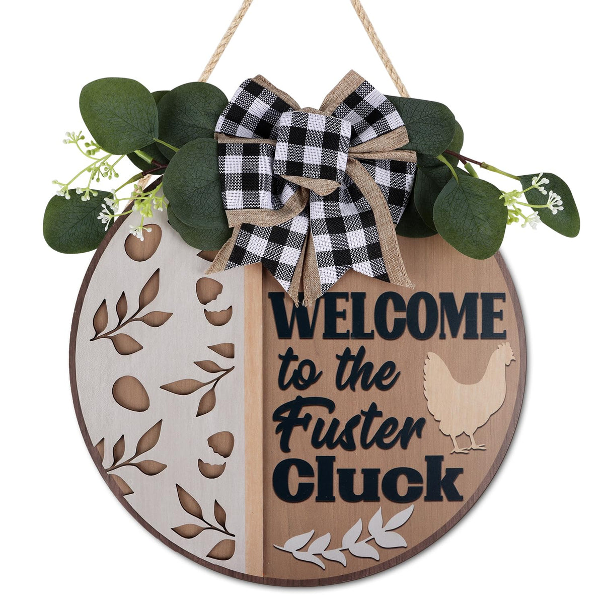 CHDITB Funny Chicken Wooden Sign, Rustic Farmhouse Wall Art Plaque, Chicken Coop Barnyard Hanging, Hen House Coop Round Sign,Welcome To The Fuster Cluck Door Hanger For Porch Outdoor Country Home Decor