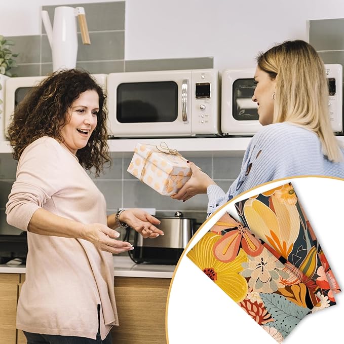 Abstract Boho Floral Kitchen Towels Set of 2, Maximalist Colorful Flower Hand